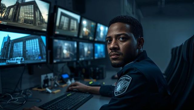 Night Shift Security Guard Monitoring Multi-Screen Surveillance Control Room