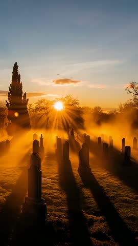 Vertical video of sun peeking through golden fog over tombstones near cypress tree