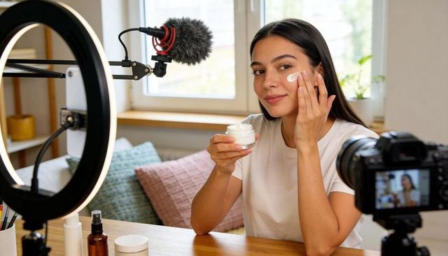 Skincare influencer applying face cream at home with ring light and camera setup