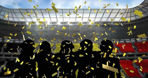 Fans Celebrating Victory Under Golden Confetti at Stadium