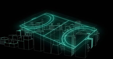 Futuristic Neon Cityscape with Rotating Sports Field Hologram