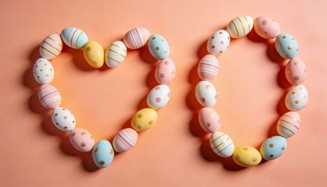 Pastel easter eggs forming heart and oval on peach background for spring design