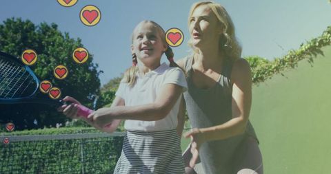 Mother and Daughter Enjoying Tennis with Heart Icons