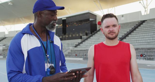 Trainer in blue jacket and cap instructing runner in red tank top at outdoor track stadium. Ideal for illustrating coach-athlete relationship, sports training sessions, fitness guidance, and preparation for athletic events.