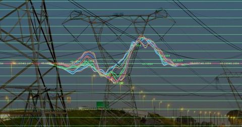 High-voltage transmission tower at dusk with waveform data overlay monitoring grid health