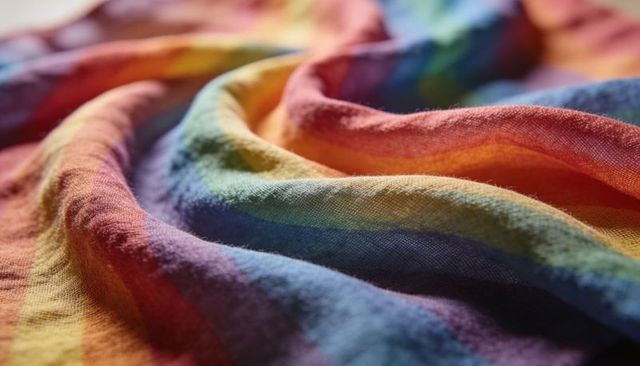 Closeup rainbow textile showing woven texture and draped folds in vibrant colors