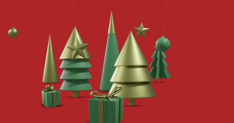 Festive Christmas Decor with Trees on Red Background