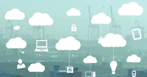Digital Interface Cloud Computing Concept with Devices Over Cityscape - Download Free Stock Images Pikwizard.com