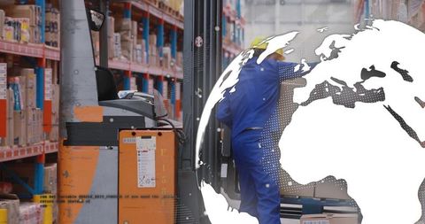 Forklift operator in warehouse with global logistics overlay