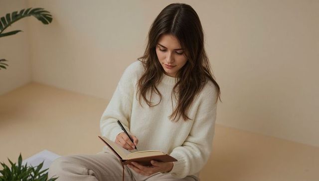 Young woman writing in leather journal wearing cream sweater in minimalist beige interior