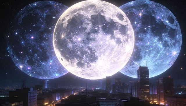 Triple moon over neon city skyline — surreal lunar convergence above urban nightscape