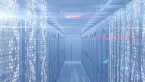 High Tech Digital Data Processing in Futuristic Server Room