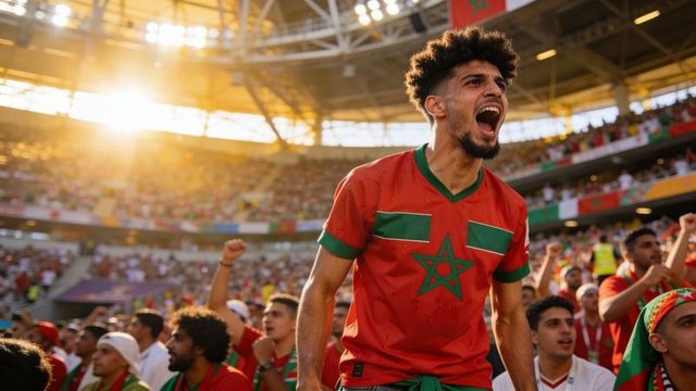 Passionate moroccan football fan shouting in stadium at sunset with crowded stands