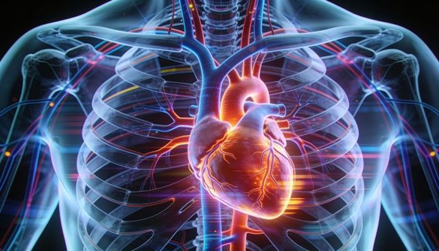 Glowing 3d heart and vascular network inside transparent ribcage cardiology illustration