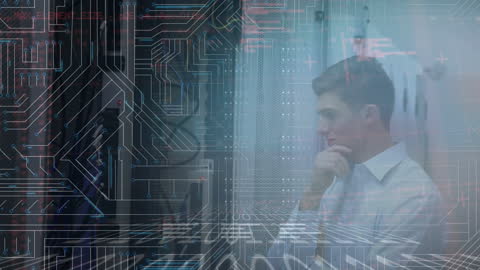Caucasian Businessman Analyzing Server Room with Digital Circuit Overlay