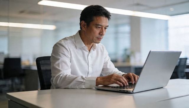 Focused Asian Businessman Typing on Laptop in Modern Glass Office Wearing White Shirt