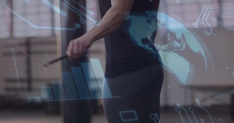 Athletic woman training with cable machine and augmented reality fitness data overlay