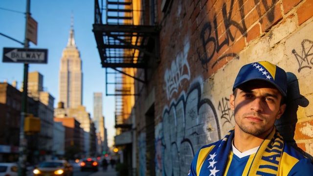 Man leaning on graffiti wall wearing bosnia flag cap and scarf in manhattan
