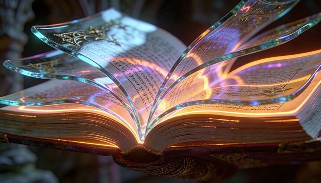 Glowing ancient grimoire with translucent gilded pages emitting light and ornate calligraphy