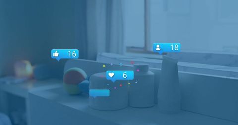 This image showcases a minimalist room setup with decorative gray jars and a soft fabric ball on a shelf, helping create a cozy and modern ambiance. The overlay of social media icons symbolizes digital interaction and online engagement, adding a layer of technological integration to the scene. Ideal for use in blogs or articles related to modern home decoration trends, social media influence, or interior design fusion with technology concepts.