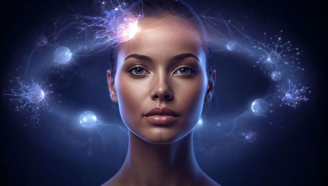 Futuristic neural portrait with glowing temple node, orbiting synaptic orbs, cybernetic aura