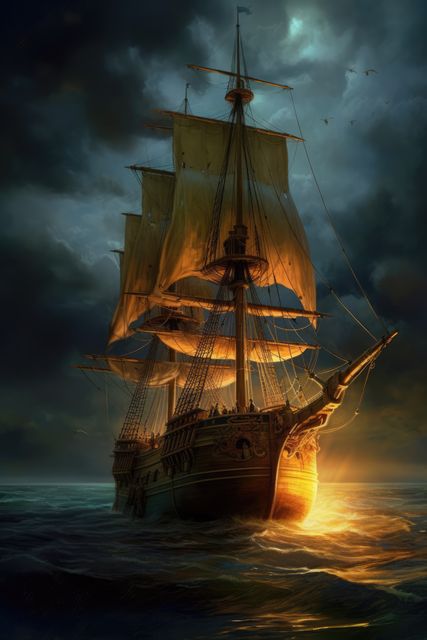 A majestic sailing ship braves the open sea at sunset. Its sails are fully unfurled, harnessing the wind's power as it navigates through the tranquil waters.