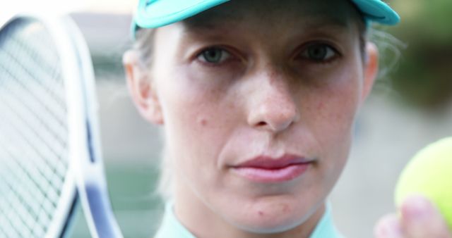 Close-up of Focused Female Tennis Player Holding Tennis Ball and Racket - Download Free Stock Images Pikwizard.com