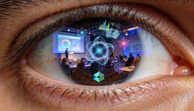 Macro close-up eye reflecting conference presentation with holographic ai data visualization