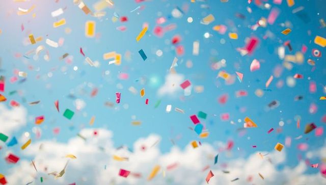 Colorful Confetti Floating Against Bright Blue Sky and Clouds