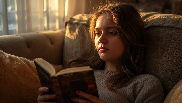 Teen reading on cozy tufted sofa at sunset holding patterned hardback book, warm light