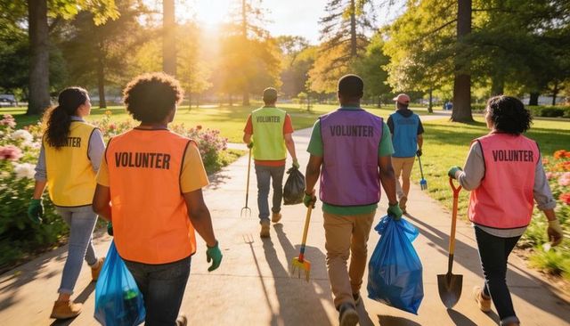 Community volunteers cleaning city park at golden hour carrying trash bags, rakes and shovels