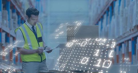 Warehouse supervisor inspecting inventory with data overlay and clipboard analytics