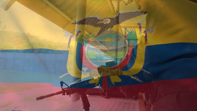 Vibrant shot integrating Ecuador flag and male soldier inspecting weapon. Highlights connections between national pride and military service. Ideal for articles featuring Ecuador's armed forces, national celebrations, and symbolic representations of patriotism and duty.