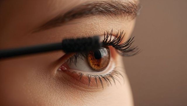 Applying mascara to long brown lashes macro beauty shot for makeup cosmetic advertising