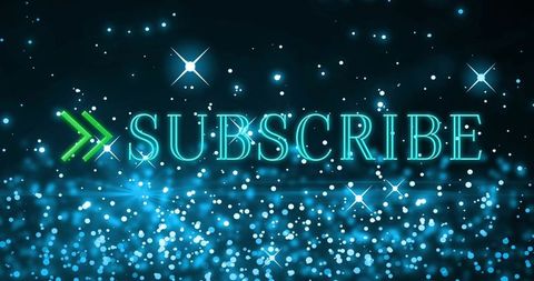 Neon teal subscribe cta with green double chevron arrow and sparkling bokeh lights