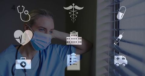 Healthcare Professional Contemplating with Medical Icons Overlay