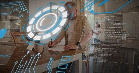 Senior Man Writing Spelling List with Futuristic Holographic Interface and Code Overlay