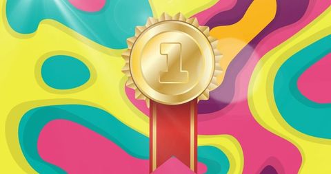 Golden first place medal with vibrant abstract background