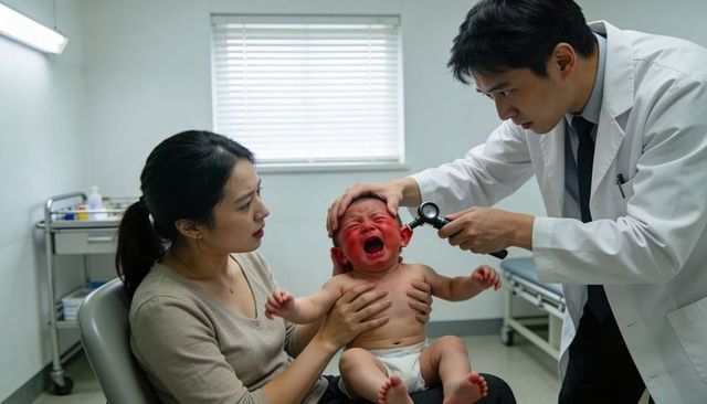 Doctor examining crying infant while mother holding baby during ear examination in clinic