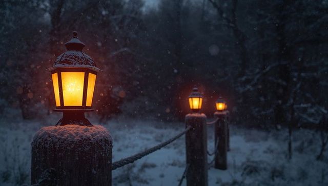 Snowy forest lanterns casting warm glow along rope-lined path at dusk