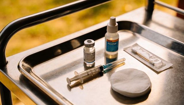 Sunlit medical tray with syringes, vaccine vial and alcohol bottle on metal cart outdoors