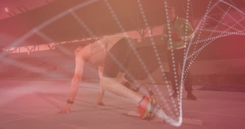 Athlete Training with Prosthetic Limb and DNA Overlay in Stadium