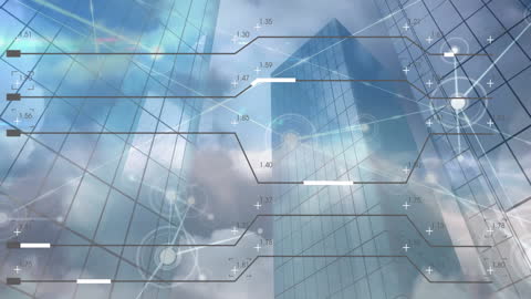 Futuristic Data Processing Over Cityscape Skyscrapers