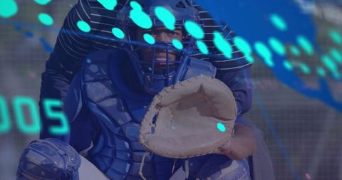 Baseball catcher in action with technology visualization overlay