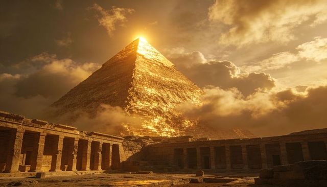 Golden pyramid at sunrise rising through mist with colonnaded temple ruins bathing in amber light