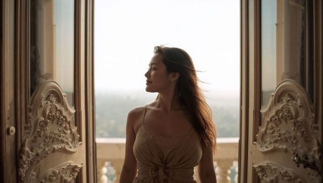 Standing woman gazing from ornate balcony doorway with wind-tousled hair at golden hour