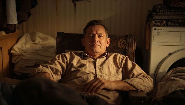 Middle-aged man reclining in vintage laundry nook with warm cozy domestic atmosphere