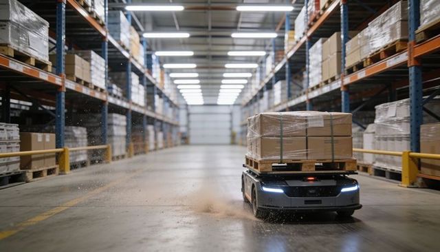 Autonomous mobile robot transporting pallet through high-bay warehouse aisle for logistics