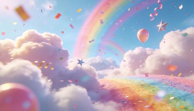 Pastel rainbow pathway through clouds with floating balloons, confetti, dreamy stars