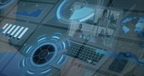 Typing Hands Using Laptop with Futuristic HUD, Remote Team Thumbnails, Analytics